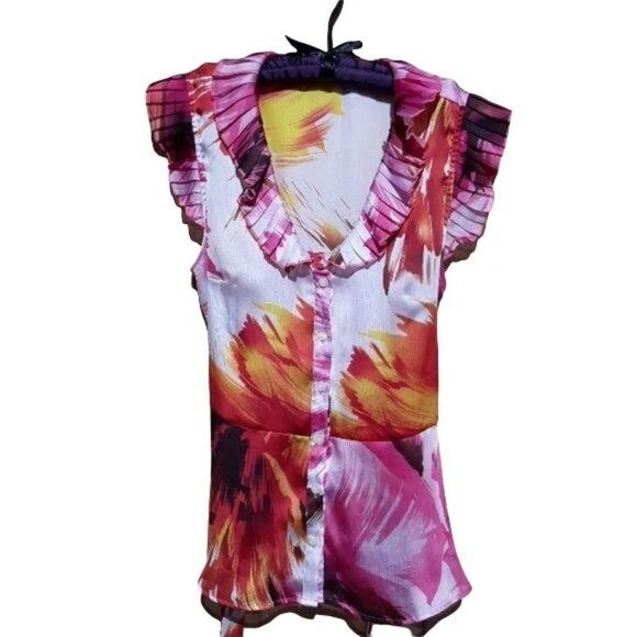 Fiery Tropical Ruffle Pleated Cap Sleeve Deep Scoop Tie Waist Top Sz PL - Picture 1 of 9